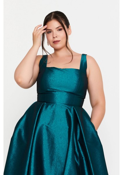 Kadın Büyük Beden Kalın Askılı A Kesim Maxi Abiye Elbise 8391 Petrol modelleri