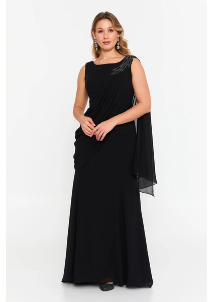 Kadın Büyük Beden Tek Omuz Işlemeli Maxi Abiye Elbise 6707 Siyah