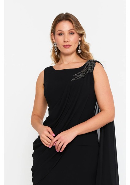 Kadın Büyük Beden Tek Omuz Işlemeli Maxi Abiye Elbise 6707 Siyah modelleri