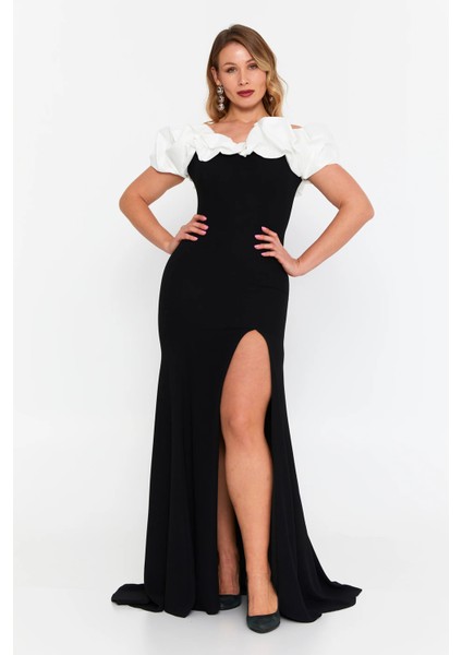 Kadın Büyük Beden Derin Yırtmaçlı Balık Form Maxi Abiye Elbise 8319 Siyah-Beyaz