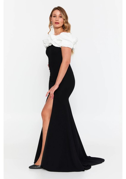 Kadın Büyük Beden Derin Yırtmaçlı Balık Form Maxi Abiye Elbise 8319 Siyah-Beyaz fiyatları