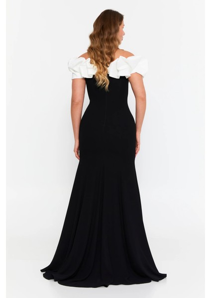 Kadın Büyük Beden Derin Yırtmaçlı Balık Form Maxi Abiye Elbise 8319 Siyah-Beyaz fırsatları