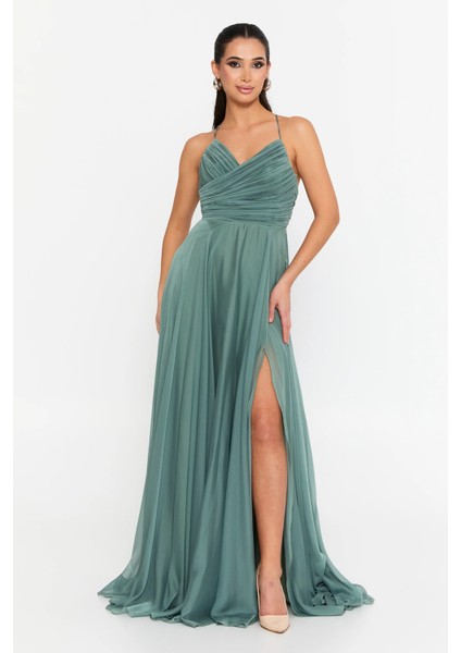 Kadın Sırt Dekolteli Fiyonklu Drapeli V Yaka Abiye Elbise 6128 Çağla