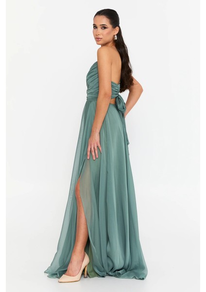 Kadın Sırt Dekolteli Fiyonklu Drapeli V Yaka Abiye Elbise 6128 Çağla fiyatları