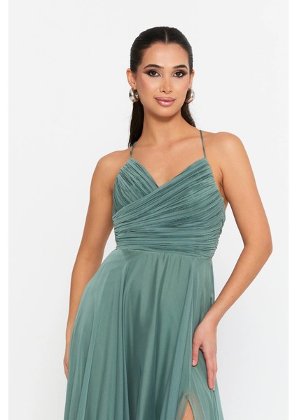 Kadın Sırt Dekolteli Fiyonklu Drapeli V Yaka Abiye Elbise 6128 Çağla modelleri