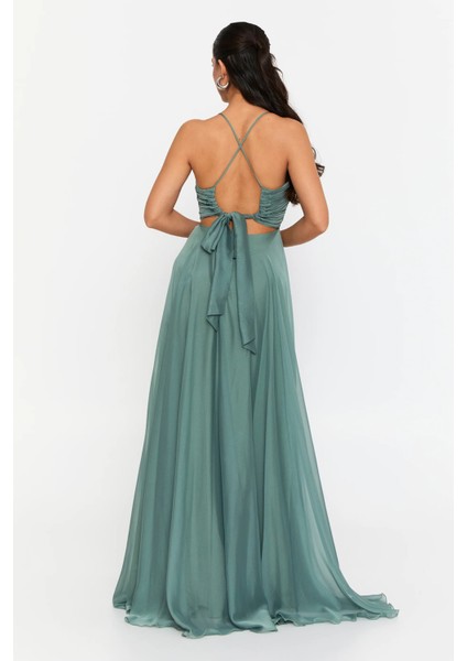 Kadın Sırt Dekolteli Fiyonklu Drapeli V Yaka Abiye Elbise 6128 Çağla fırsatları