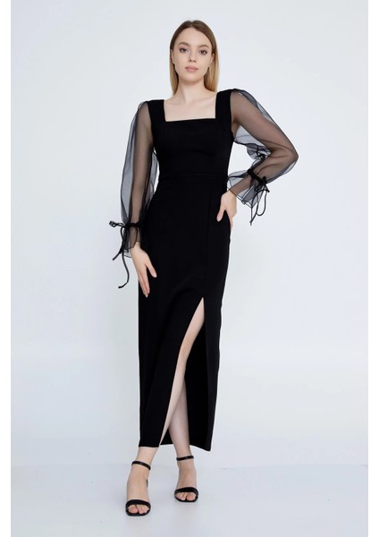 Kadın Kare Yaka Kolları Tül Midi Abiye Elbise 6039 Siyah