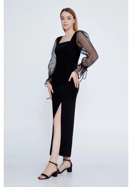 Kadın Kare Yaka Kolları Tül Midi Abiye Elbise 6039 Siyah fiyatları