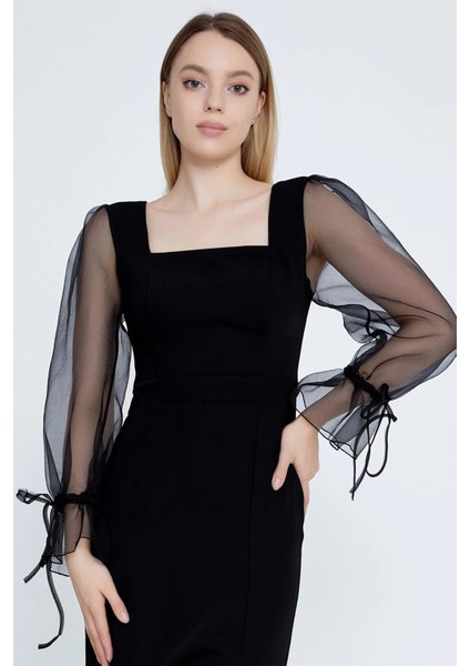 Kadın Kare Yaka Kolları Tül Midi Abiye Elbise 6039 Siyah modelleri