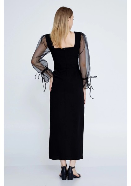 Kadın Kare Yaka Kolları Tül Midi Abiye Elbise 6039 Siyah fırsatları