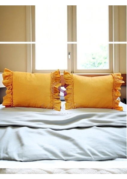 Oksit Sarı Keten Bohem Fırfırlı Vintage 2'li Dikdörtgen Kırlent Kılıfı