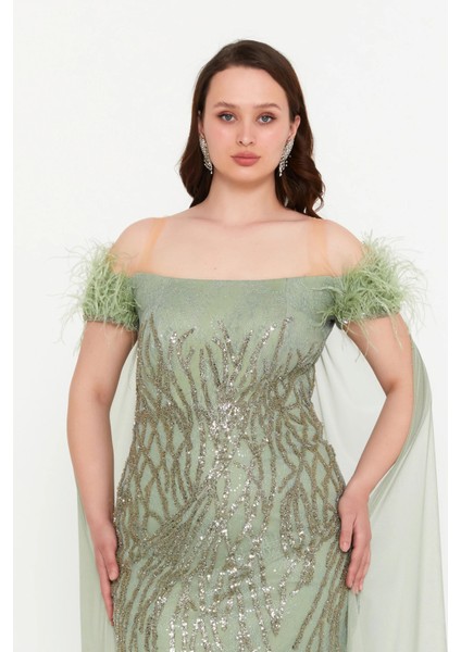 Kadın Büyük Beden Düşük Omuz Pelerin Detaylı Abiye Elbise 4260 Çağla modelleri