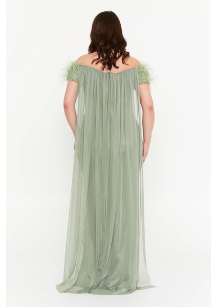 Kadın Büyük Beden Düşük Omuz Pelerin Detaylı Abiye Elbise 4260 Çağla fırsatları