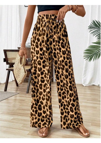 Kadın Süprem Kumaş Beli Lastikli Leopar Desen Pantolon