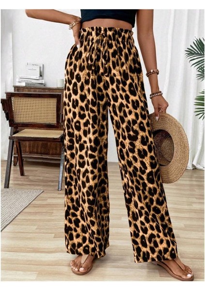Kadın Süprem Kumaş Beli Lastikli Leopar Desen Pantolon fırsatları