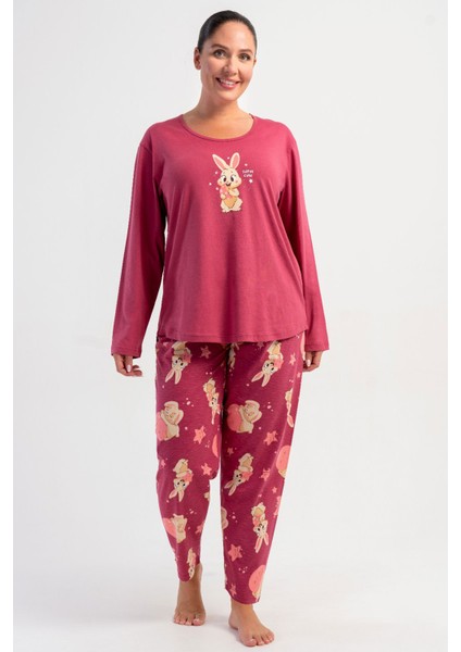 Pamuklu Kadın Büyük Beden Uzun Kol Pijama Takım , 504024