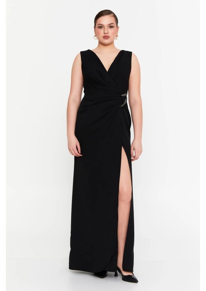 Kadın Krep Kumaş Drapeli V Yaka Maxi Abiye Elbise 7057 Siyah