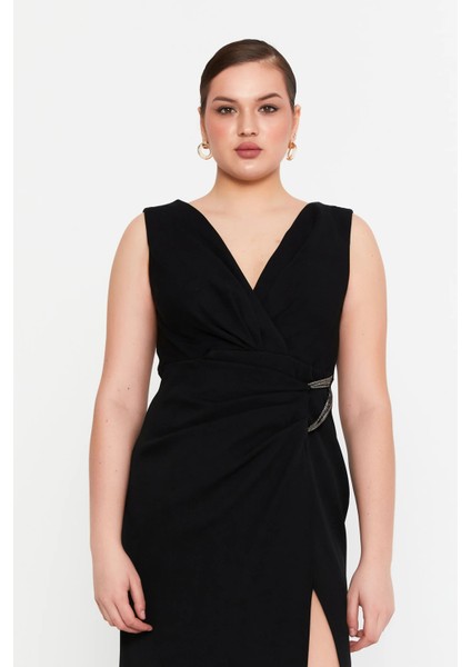 Kadın Krep Kumaş Drapeli V Yaka Maxi Abiye Elbise 7057 Siyah modelleri