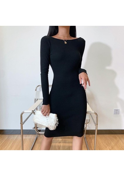 Kadın Uzun Kollu Hafif Kayık Yaka Sırt Dekoltelielbise fiyatları