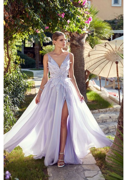 Kadın Ip Askılı Altı Kloş ve Derin Yırtmaçlı Maxi Abiye Elbise 0588 Leylak