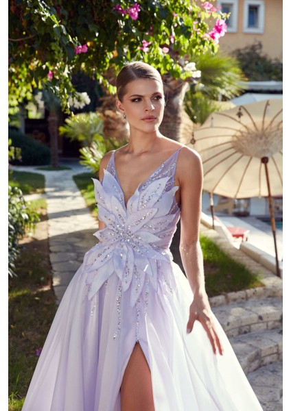 Kadın Ip Askılı Altı Kloş ve Derin Yırtmaçlı Maxi Abiye Elbise 0588 Leylak fiyatları