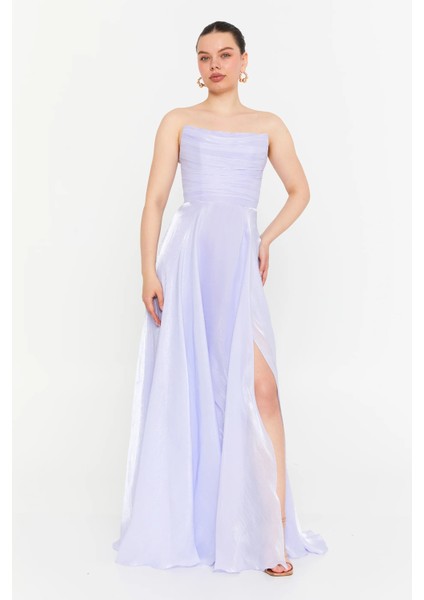 Kadın Straplez Şifon Maxi Boy Abiye Elbise 7066 Lila