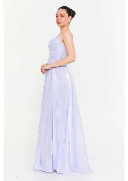 Kadın Straplez Şifon Maxi Boy Abiye Elbise 7066 Lila fiyatları