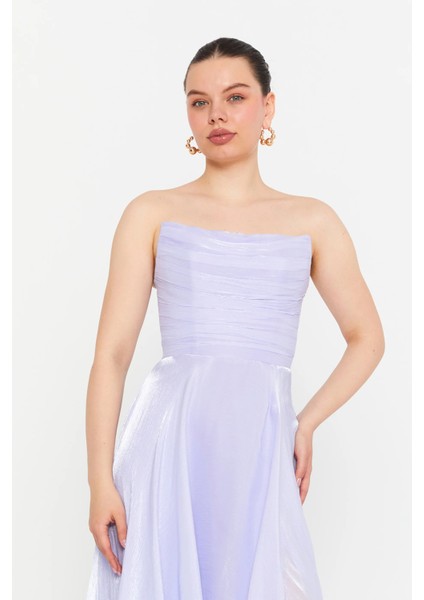 Kadın Straplez Şifon Maxi Boy Abiye Elbise 7066 Lila modelleri