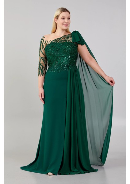 Kadın Omuz Detaylı Derin Yırtmaçlı Abiye Elbise 23624 Zümrüt