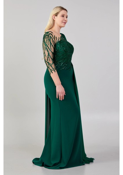 Kadın Omuz Detaylı Derin Yırtmaçlı Abiye Elbise 23624 Zümrüt fiyatları