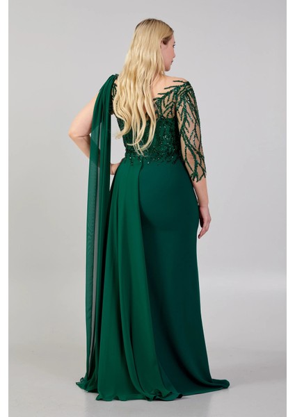 Kadın Omuz Detaylı Derin Yırtmaçlı Abiye Elbise 23624 Zümrüt fırsatları