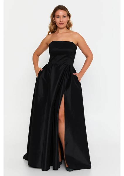 Kadın Büyük Beden Straplez Çift Cepli A Kesim Maxi Abiye Elbise 8337 Siyah