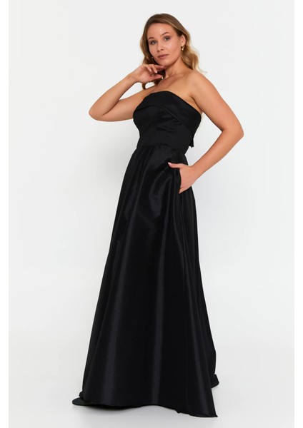 Kadın Büyük Beden Straplez Çift Cepli A Kesim Maxi Abiye Elbise 8337 Siyah fiyatları