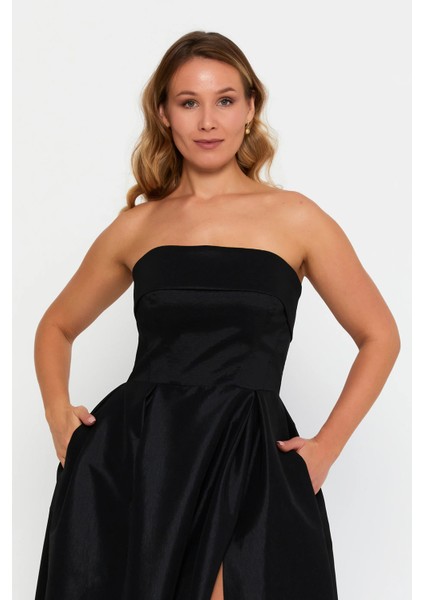 Kadın Büyük Beden Straplez Çift Cepli A Kesim Maxi Abiye Elbise 8337 Siyah modelleri