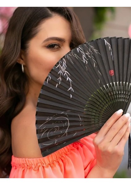 - Yelpaze Siyah Özel Hediye Kesesi Ile Bambu Şık Japon Lüks Özel Tasarım