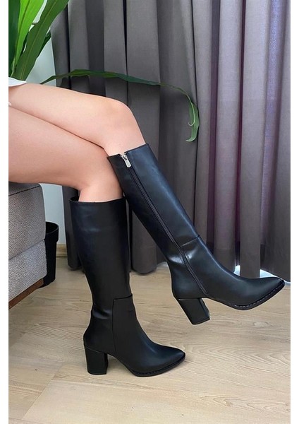 Kadın Monika Siyah Cilt 7,5 cm Topuklu Diz Altı Fermuarlı Çizme fiyatları