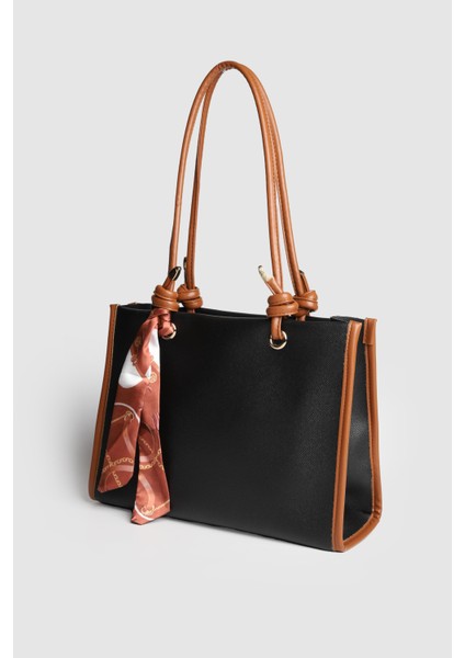 Lagraccio Paris Kadın Simon Fularlı Büyük Boy Omuz Çantası Siyah Taba