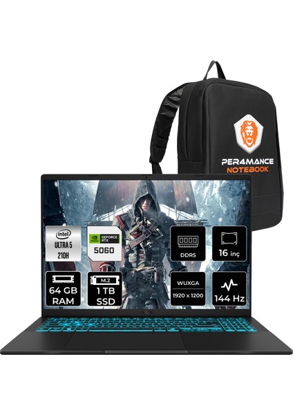 Vivobook 16 Intel Core 5 210H 96GB 1tb SSD RTX5060/8GB 16" Fhd+ 144Hz Fdos Taşınabilir Bilgisayar & Per4 Çanta V3607VMRP049P338