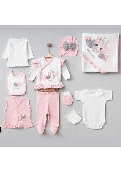 Organik Kız Bebek 0-3 Ay Kalpli Tavşan Nakışlı 10 Lu Hastane Çıkış Zıbın Seti
