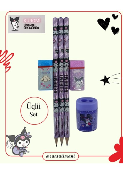 Kuromi Lisanslı Mor Kurşun Kalem Seti (3 Adet Kurşun Kalem, 2 Adet Silgi, Kalemtraş)
