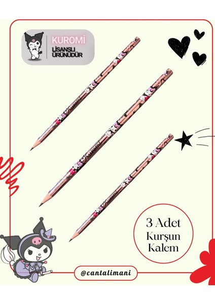 Kuromi Lisanslı Pembe Kurşun Kalem Seti (3 Adet Kurşun Kalem, 2 Adet Silgi, Kalemtraş) fiyatları