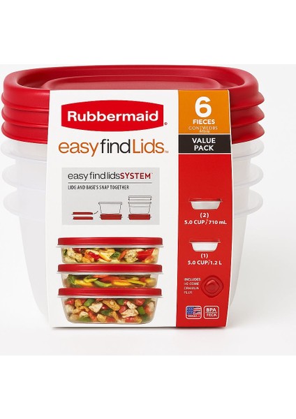 Easy Find Lids 6 Parça Saklama Kabı Seti – 2 x 710 ml + 1 x 1.2 L, Kırmızı Kapaklı, Bpa Free, Mikrodalga & Bulaşık Makinesi Uyumlu modelleri