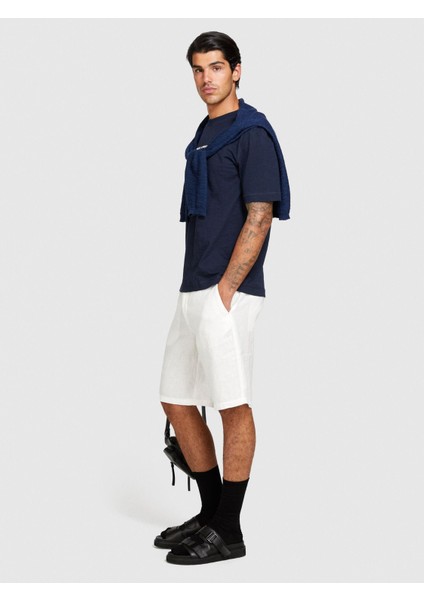 %100 Keten Slim Fit Bermuda Şort Erkek Kırık Beyaz Şort - 324P4AGHS9010