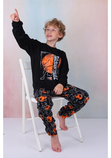 Yeni Sezon Erkek Çocuk Gez Garson Basketball Uzun Kollu Pamuk Interlok Pijama Takımı 5154-SIYAH