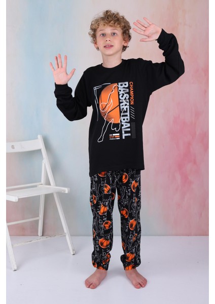 Yeni Sezon Erkek Çocuk Gez Garson Basketball Uzun Kollu Pamuk Interlok Pijama Takımı 5154-SIYAH fiyatları