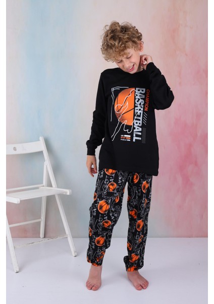 Yeni Sezon Erkek Çocuk Gez Garson Basketball Uzun Kollu Pamuk Interlok Pijama Takımı 5154-SIYAH modelleri