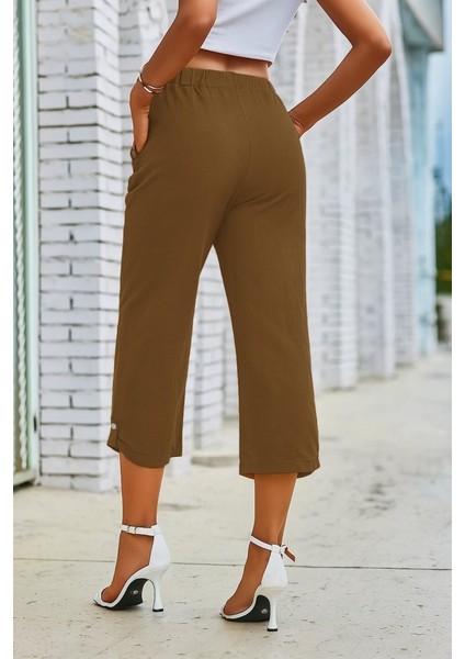 Kadın Beli Lastikli Düğme ve Cep Detaylı Kapri Ithal Keten Pantolon indirimleri