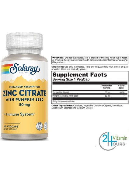 Zinc Citrate With Pumpkin Seed, 50 Mg Premium Çinko Sitrat 24 Hour Immune