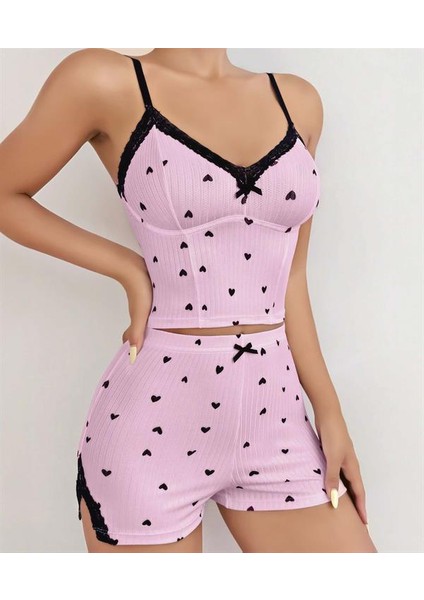 Arias Closet Pembe Kalp Desenli Askılı Şortlu Pijama Takım