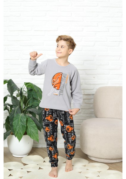 Yeni Stil Sonbahar/kış Erkek Çocuk Basketball Desenli Polar Pijama Takımı 4562